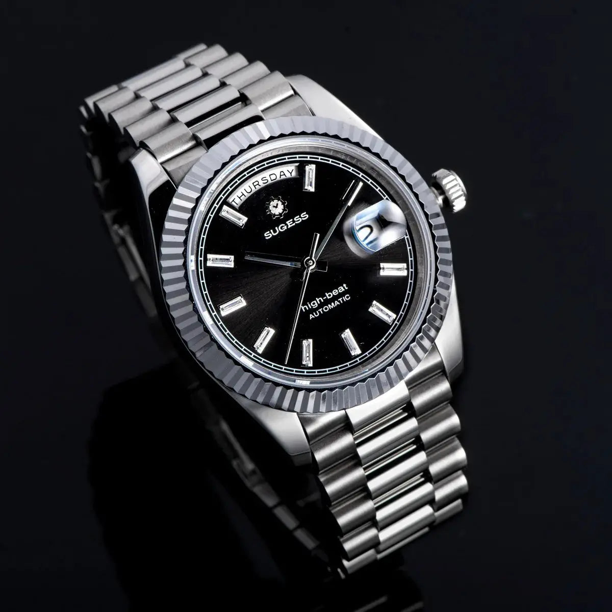 Sugess men's 40mm automatic watch with stainless steel bracelet, black dial, day/date window, sapphire glass