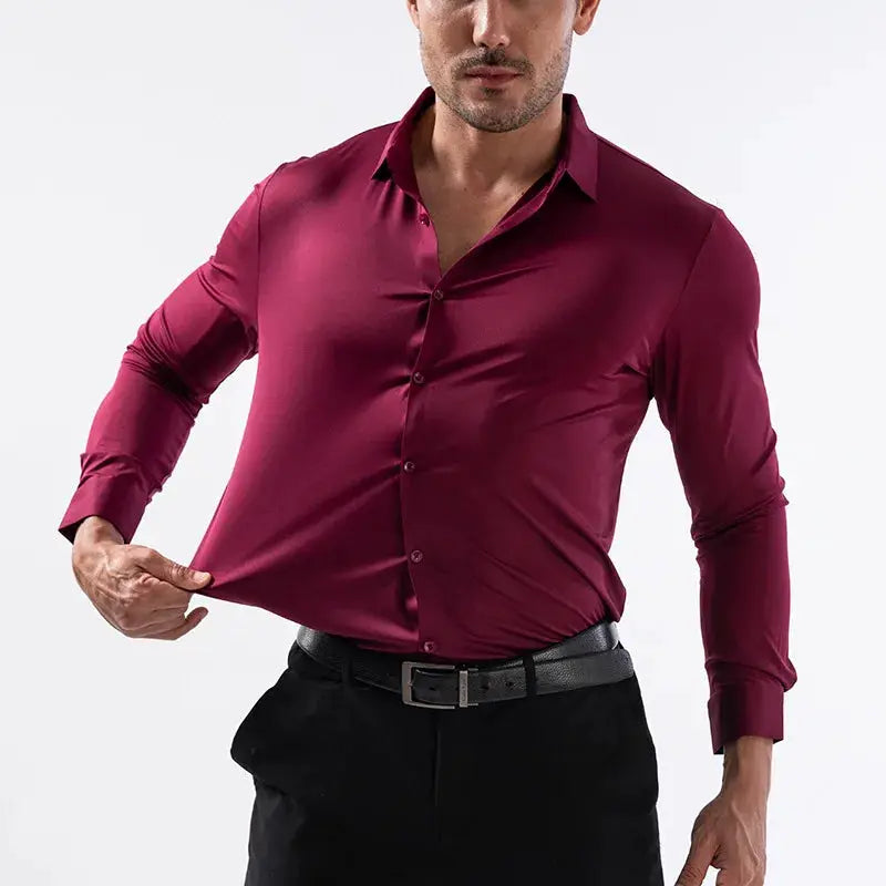 Men's high-elastic seamless long-sleeve shirt in burgundy satin finish for business casual wear