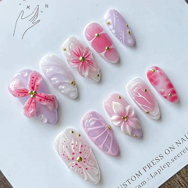 GlamNail Pink Almond Press On Nails Full Coverage Carved Flower 3D Ripple French Tips Golden Pearl Finish