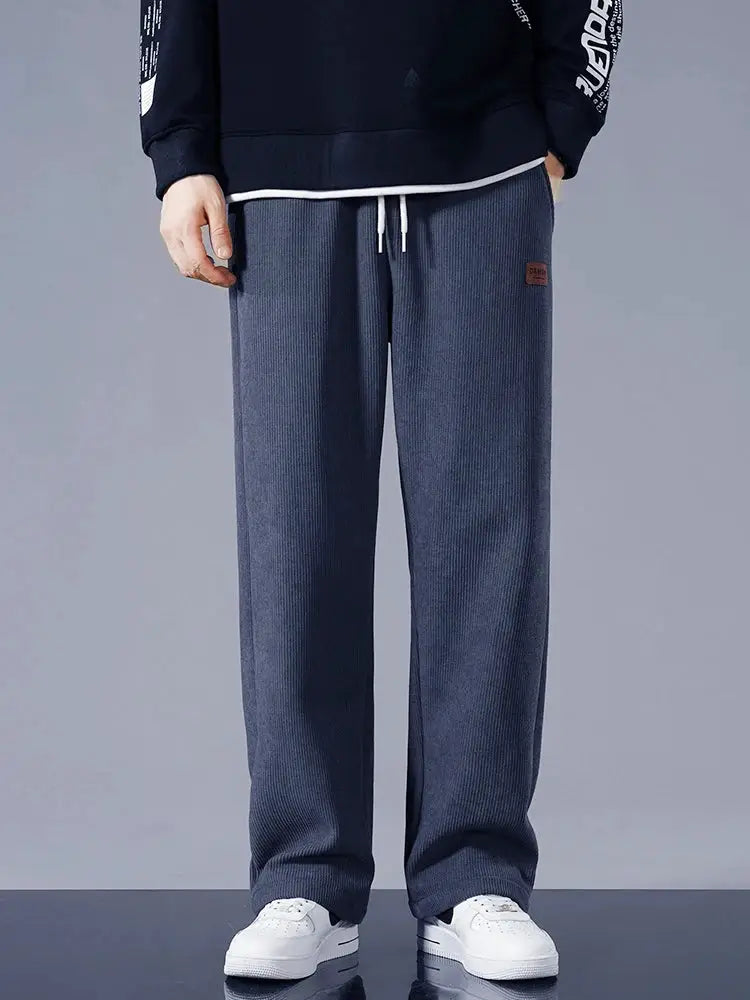 Men's navy corduroy fleece-lined sweatpants with drawstring, straight loose fit