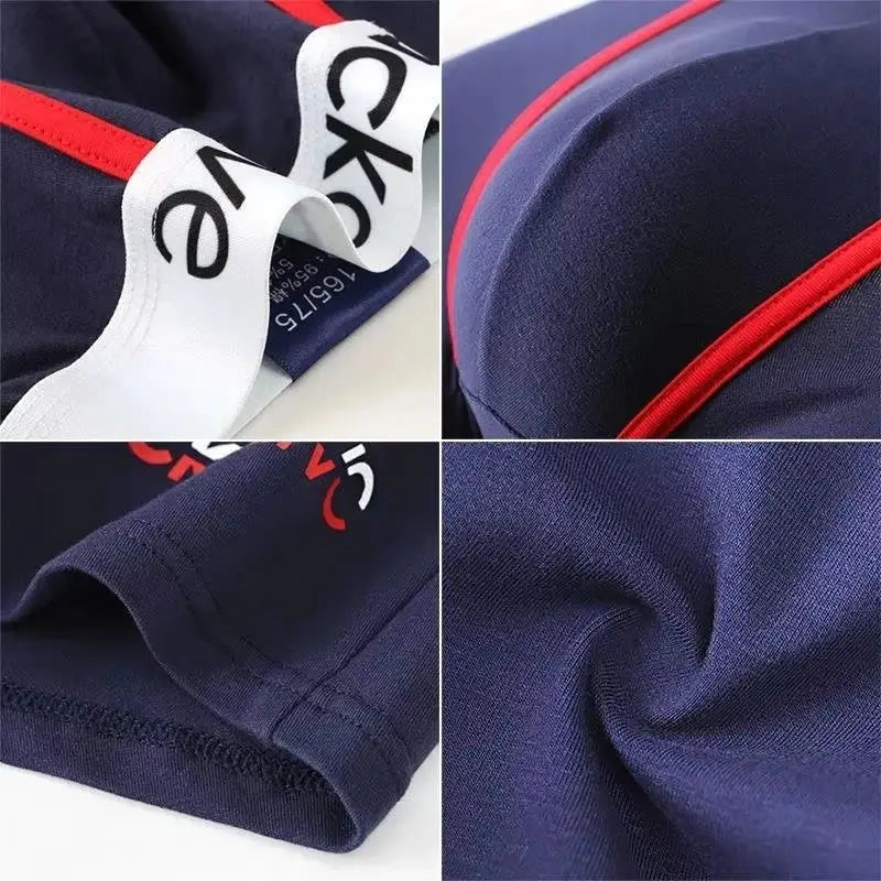 3Pcs Simples Market navy blue cotton men's boxer underwear with white waistband and red piping