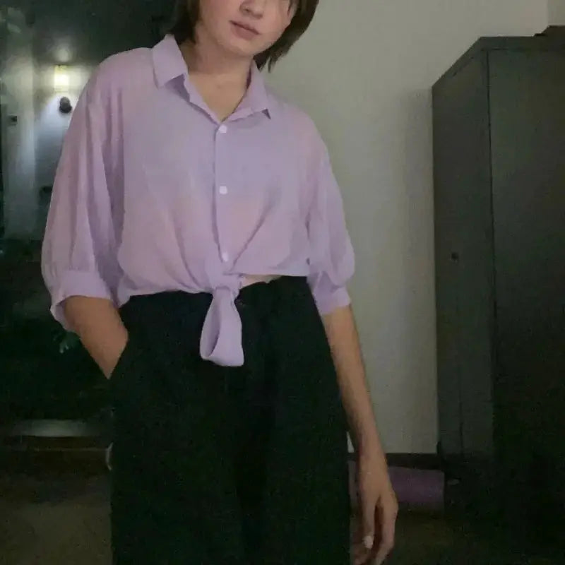 Lavender chiffon blouse with waist tie and bat-wing sleeves