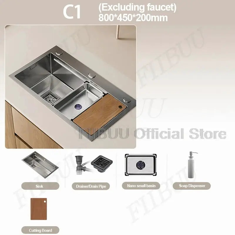 304 stainless steel kitchen sink, large single-bowl with wooden cutting board insert, undercounter/topmount, Simples Market