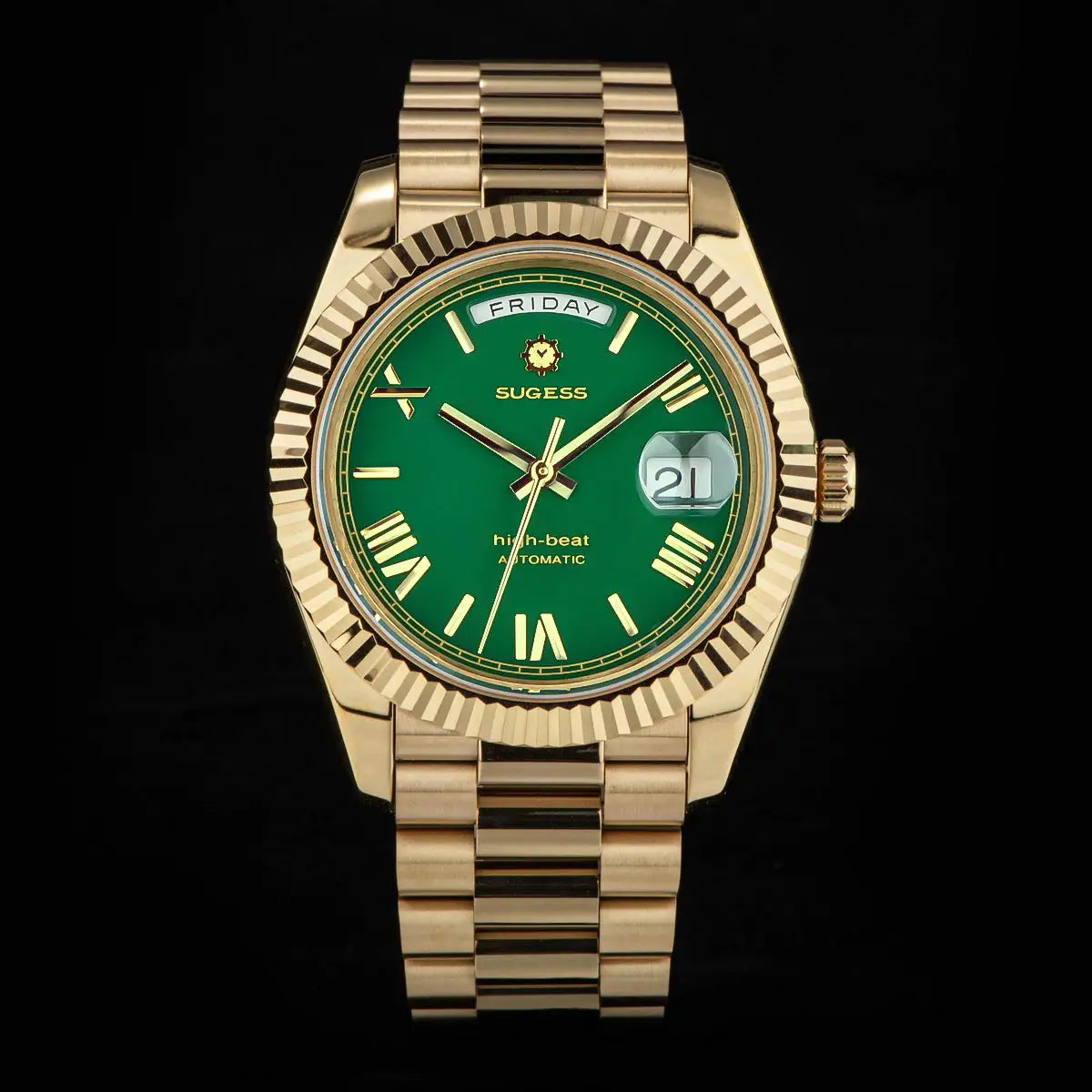 Sugess men's gold-tone wristwatch with green dial, day/date window, Roman numeral markers, automatic movement