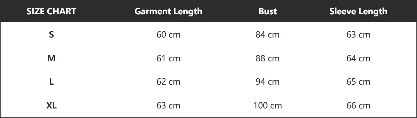 Anfilia women's lace shirts size chart showing garment length, bust, and sleeve length by size (S–XL) in cm.