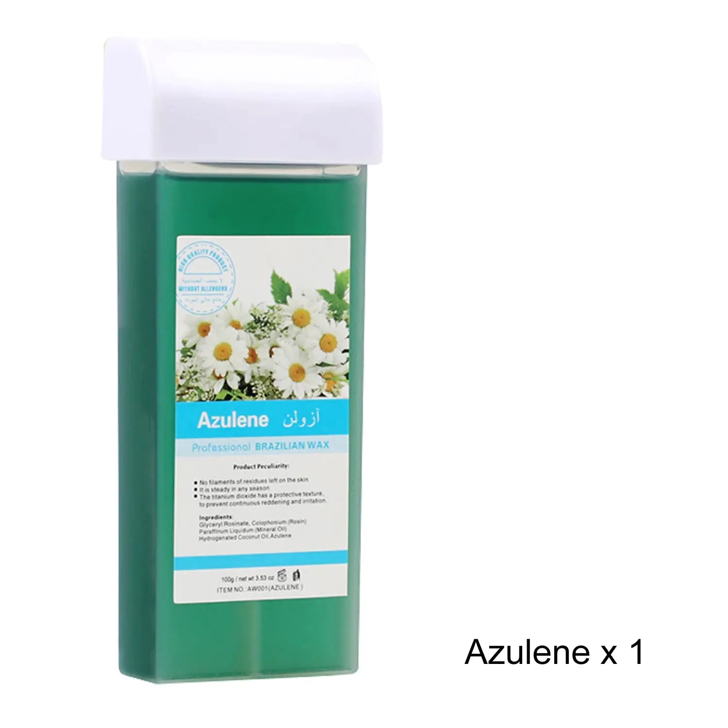 Azulene roll-on wax refill for Brazilian hair removal, green bottle with white cap, Simples Market