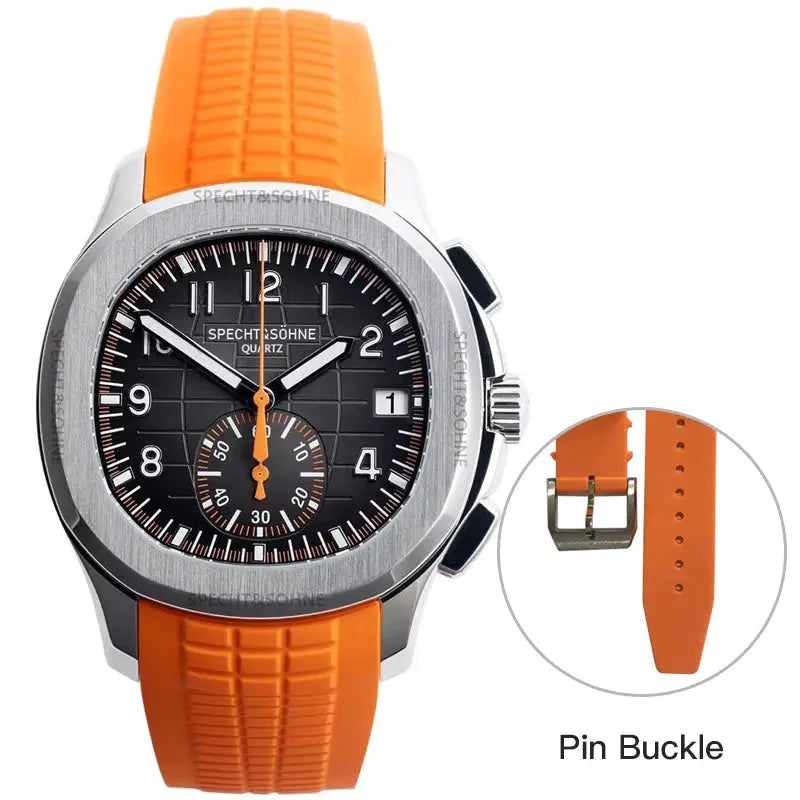 Specht & Söhne New Classic 5167 men's watch, orange rubber strap, black dial, sapphire crystal