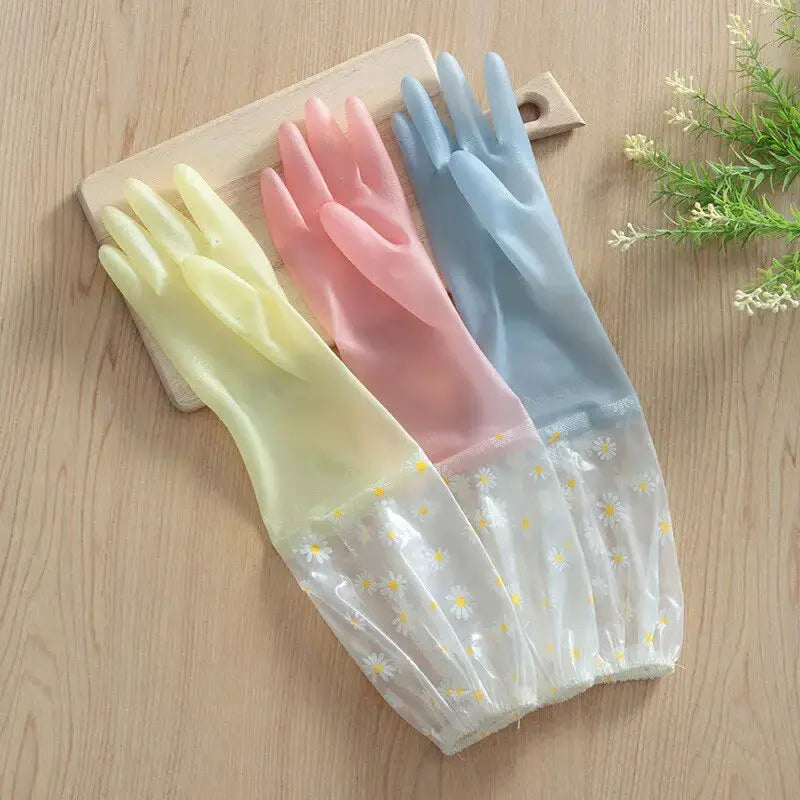 Simples Market cleaning gloves, yellow/pink/blue latex waterproof with daisy-printed cuffs (3-pack)