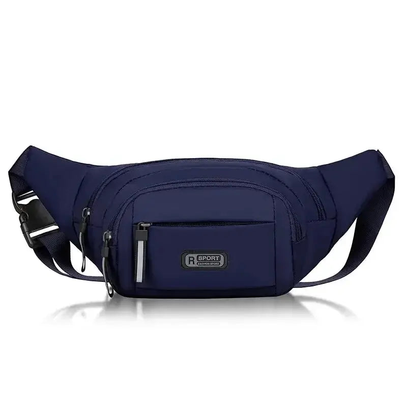 Men's canvas fanny pack by Simples Market; navy unisex waist bag with multiple zip pockets for running and outdoor use.