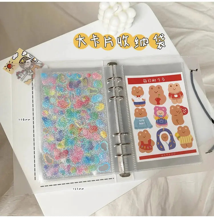 Yoofun A5 binder storage card holder with clear ring binder, colorful glitter sheet and bear sticker insert.