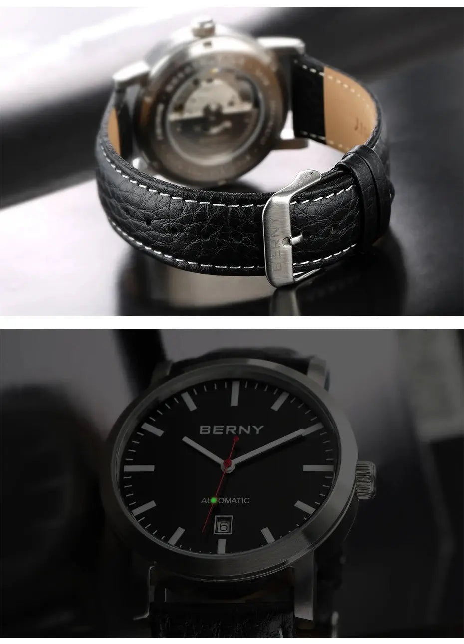 BERNY men's wristwatch with black dial, black leather strap, and stainless steel case; automatic movement, 5ATM waterproof.
