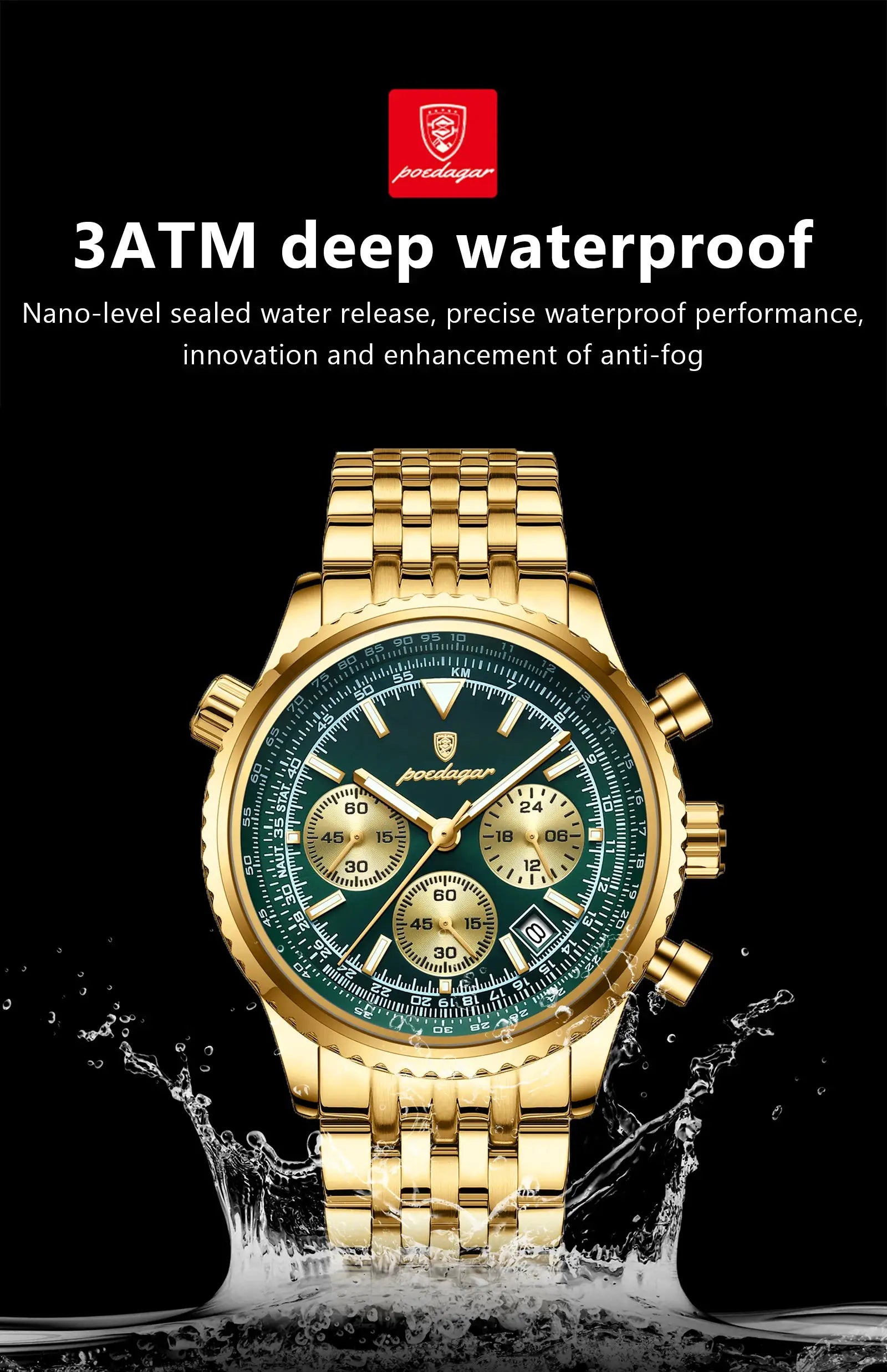 POEDAGAR men's gold stainless steel chronograph watch with date and luminous green dial