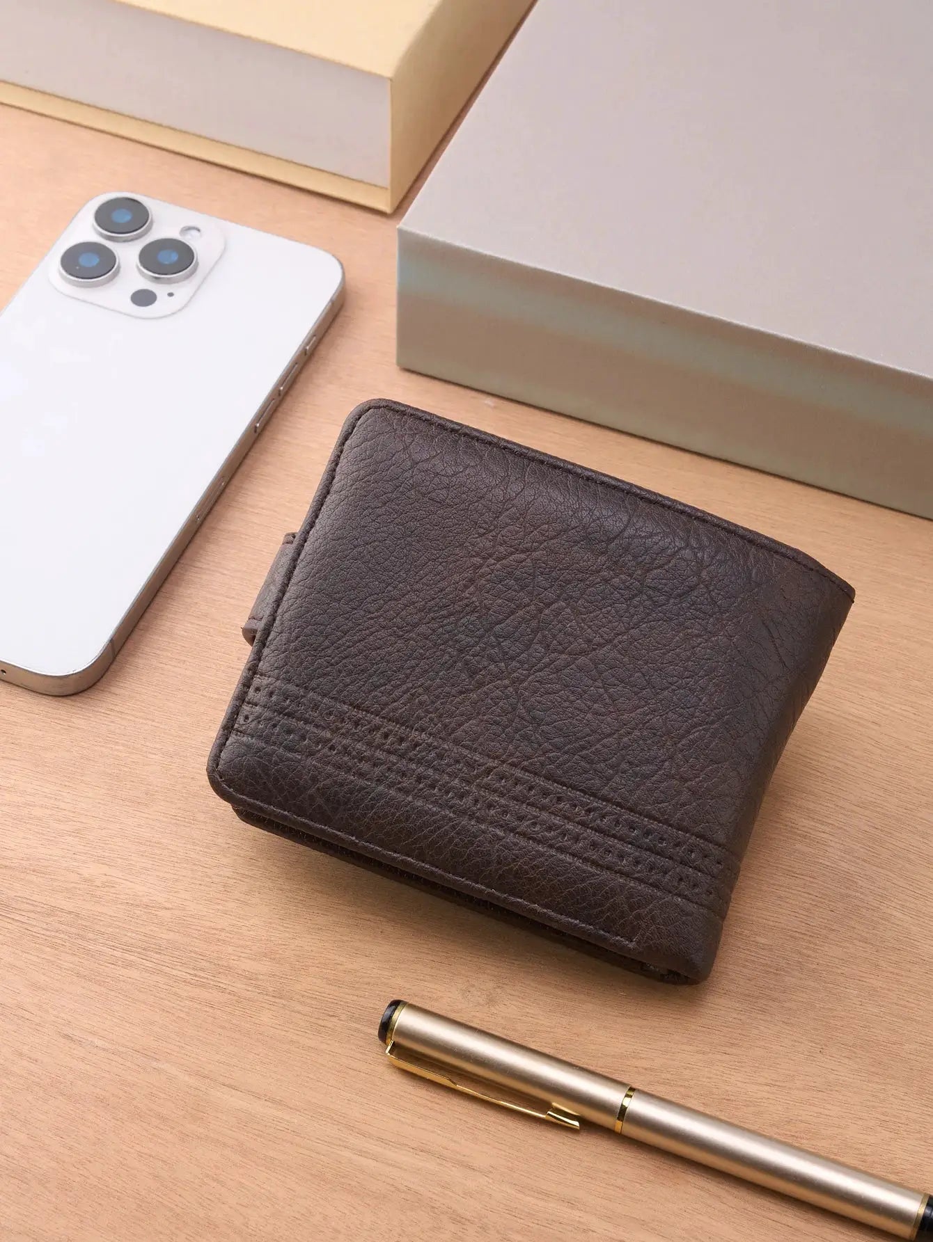 Simples Market men's leather zipper wallet, slim card holder with coin pocket in dark brown