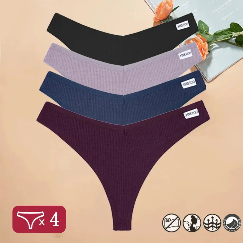 4-pack women's waffle cotton thong panties in black, lavender, navy and burgundy from Simples Market