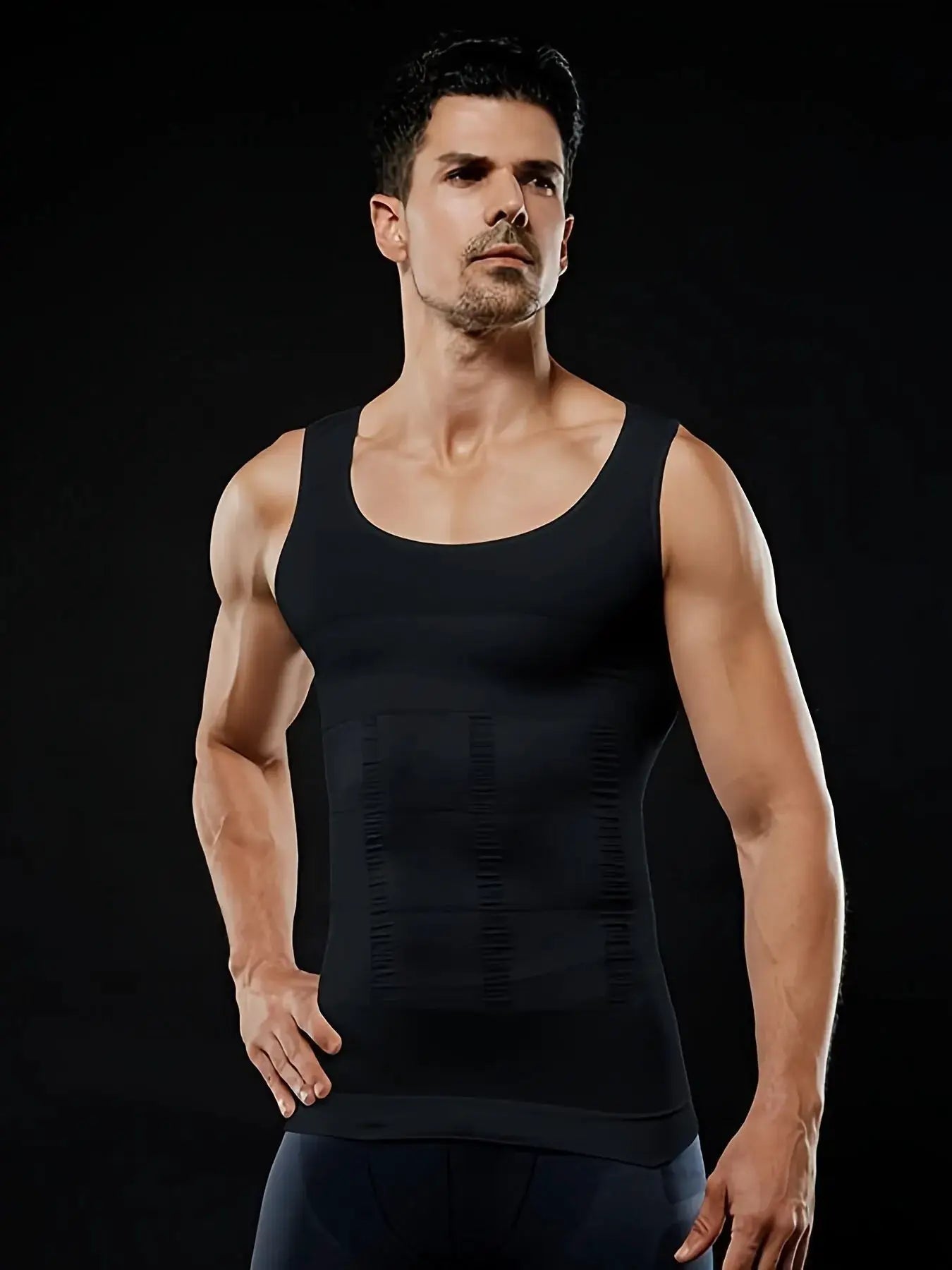 Men's black compression body shaper tank top with torso panels