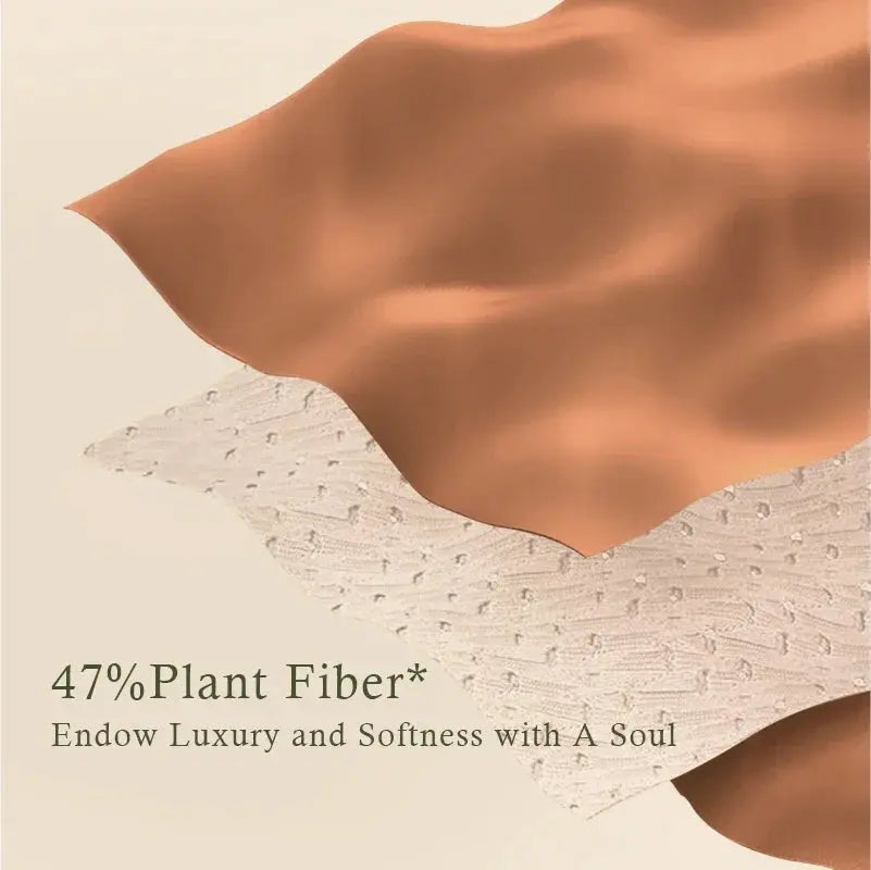 SUJIIN underwear fabric swatch: peach satin over textured white plant-fiber fabric, 47% plant fiber