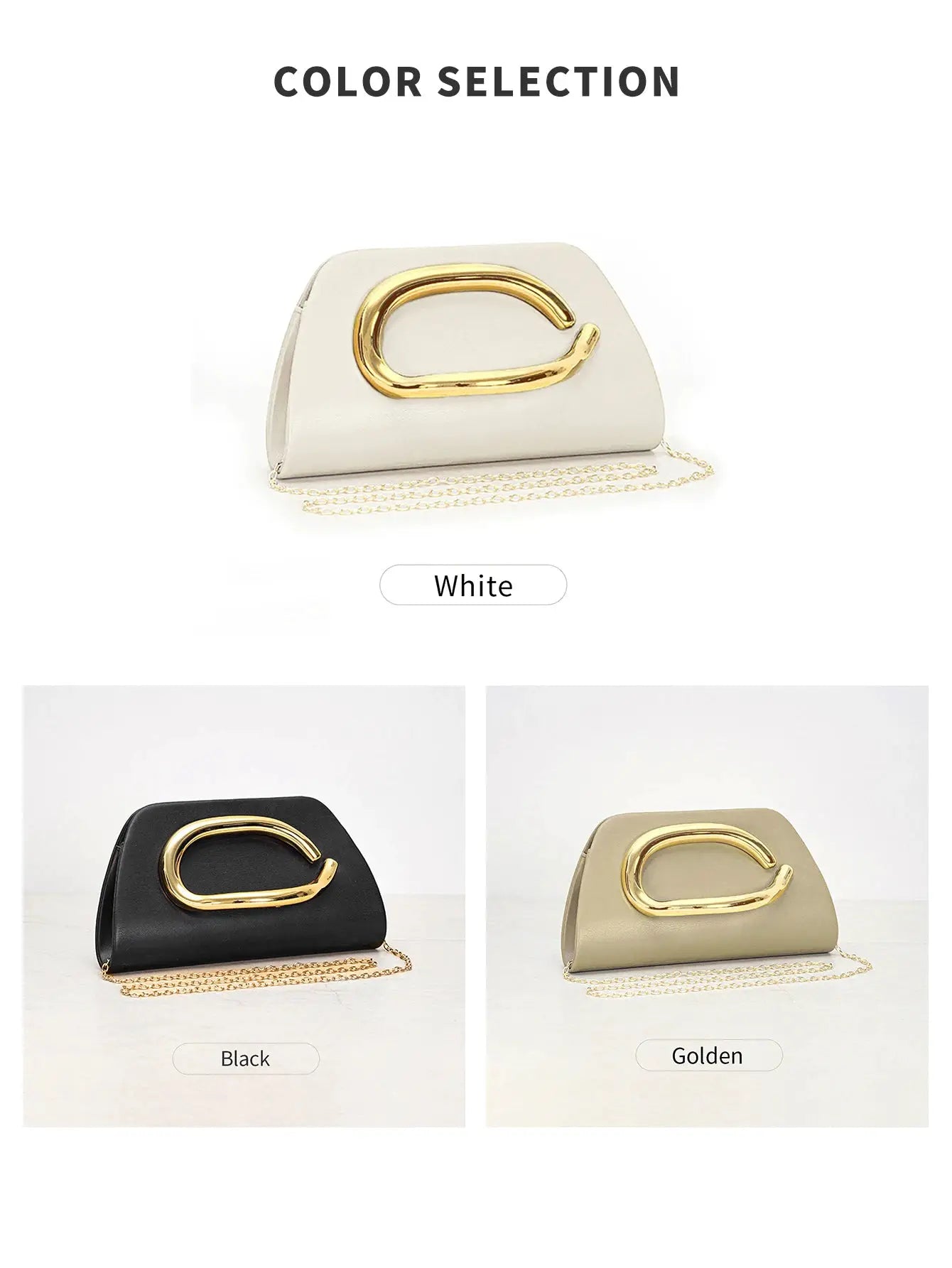 White box clutch with a large gold-tone metal buckle and a gold chain crossbody strap