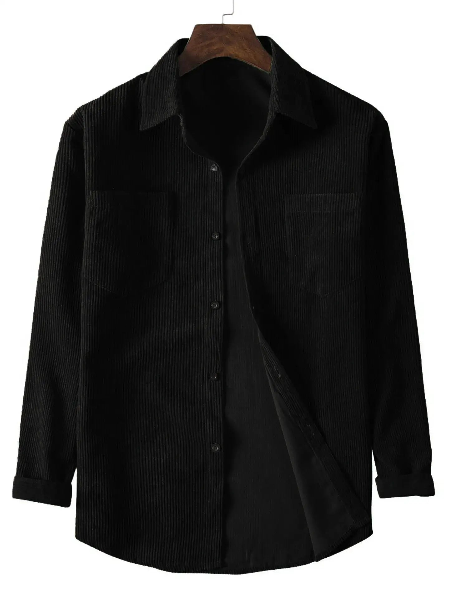 Men's black corduroy long-sleeve lapel shirt with button front by Simples Market