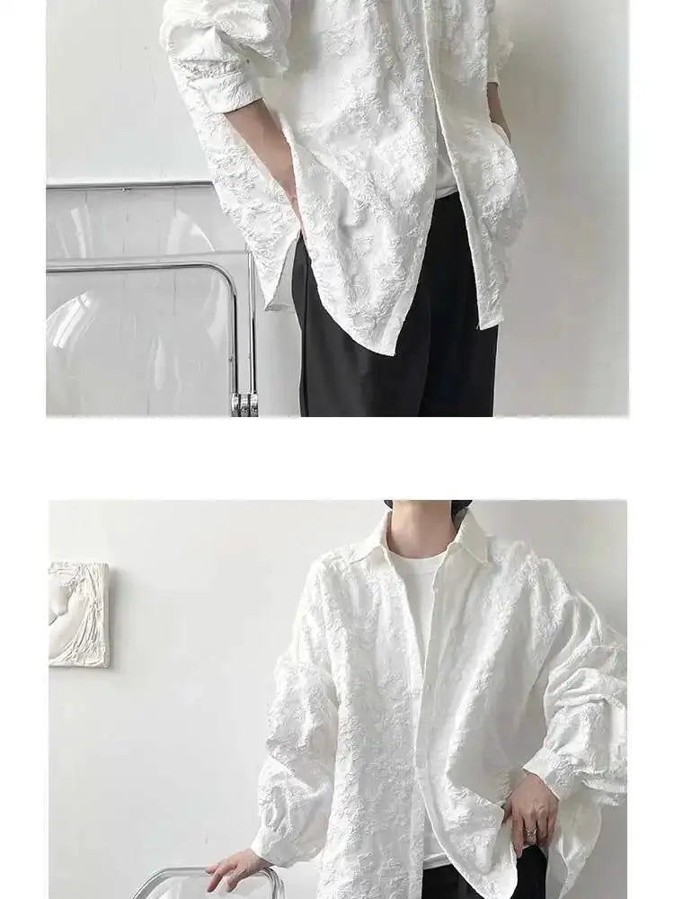 2XL white jacquard shirt with bat-wing sleeves, crumpled texture