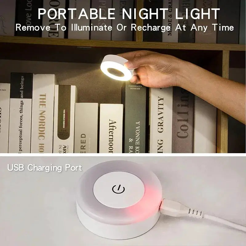 Portable USB rechargeable LED night light with touch sensor and 3-color dimming, circular ring design.