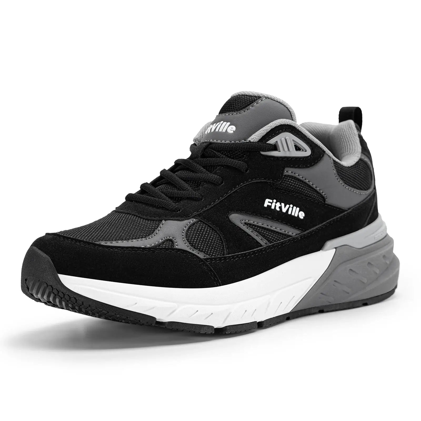 FitVille walking sneakers for men; black/gray upper with white midsole and arch support.