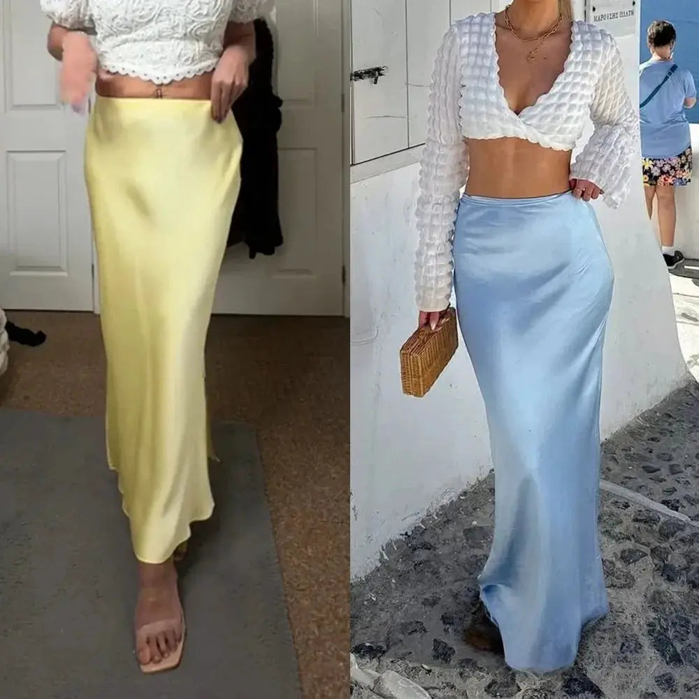 Kondala Vintage Satin Long Skirt For Women High Waist Solid Silky Fashion 2025 Spring Elegant Timeless Comfort