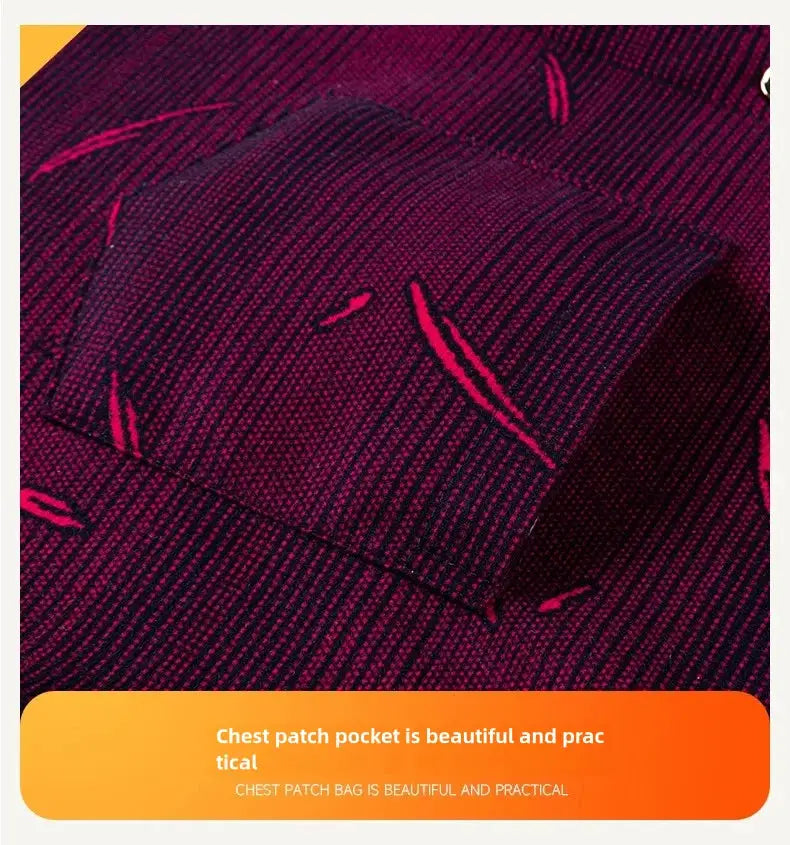 Men's long-sleeve fleece shirt in deep plum with striped knit and chest patch pocket