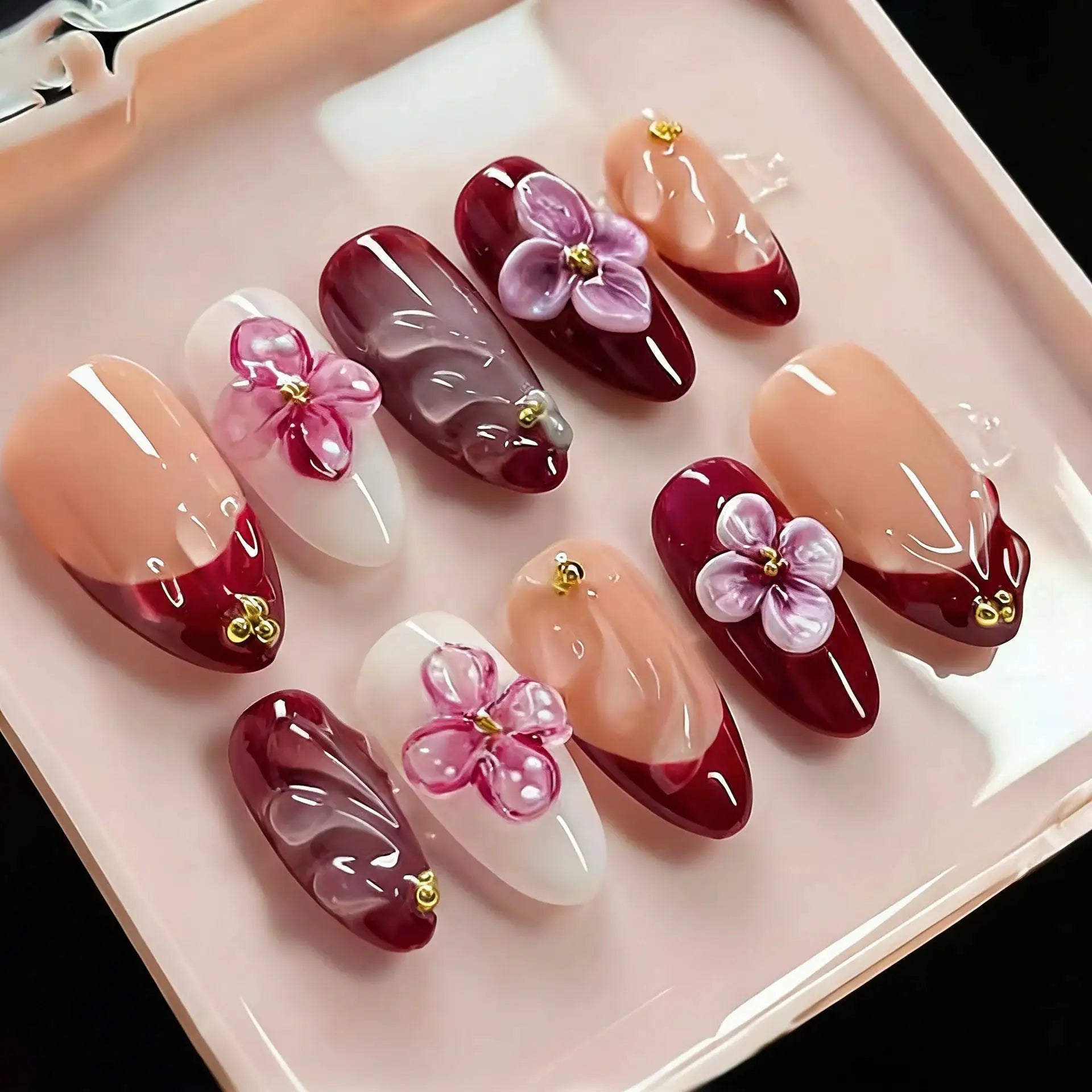 GlamNail Pink Almond Press On Nails Full Coverage Carved Flower 3D Ripple French Tips Golden Pearl Finish
