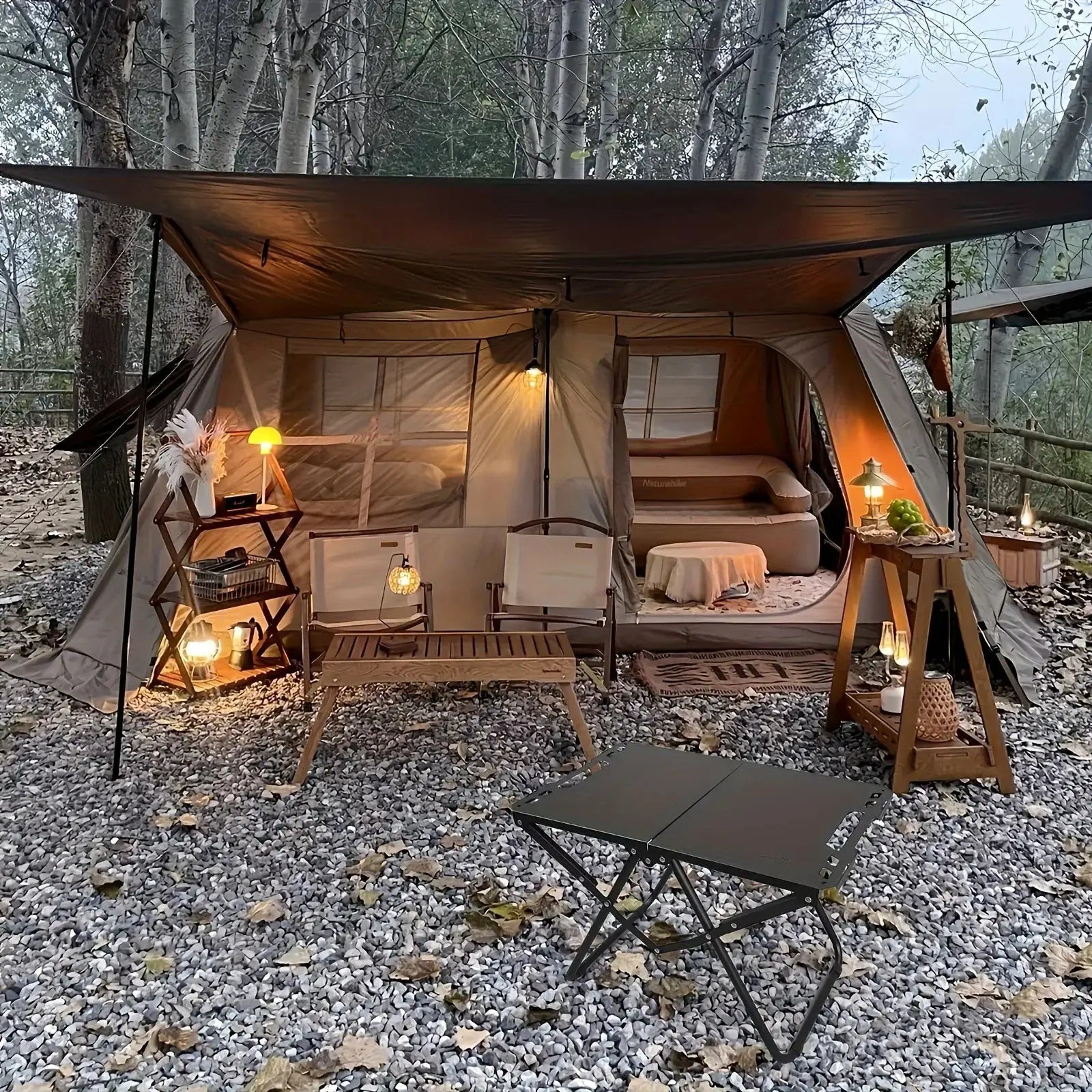 Portable folding camping table by Simples Market, black metal legs, compact foldable design