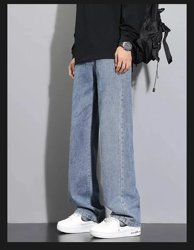Men's casual wide-leg denim jeans in light blue, solid color, long length