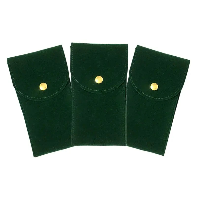 Embers watch bag trio; green flannelette cases with gold snap closures