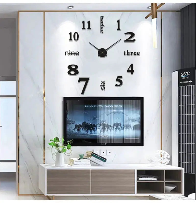 Large soundless 3D-number wall clock poster, 90–120 cm, white marble backdrop with black numerals