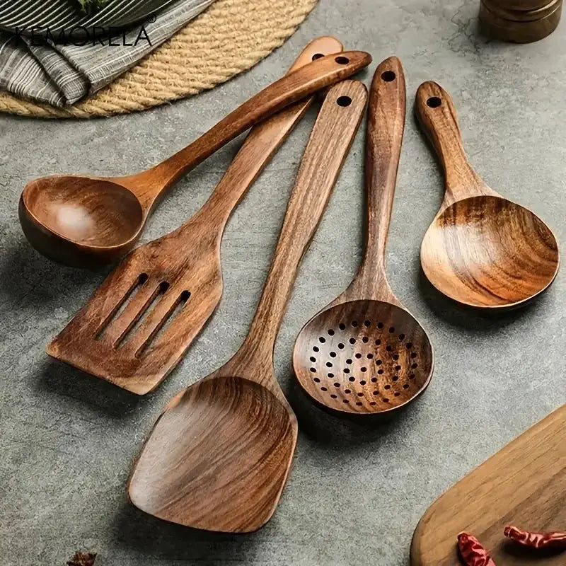 5Pcs Thailand Teak Kitchen Utensils Set Natural Wooden Tableware Ladle Turner Rice Colander Soup Skimmer Scoop