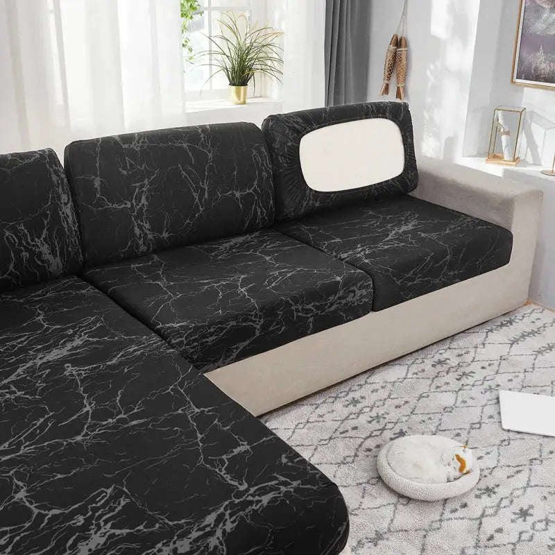 Geometric black marble-print sofa cover for corner sectional, elastic stretch slipcover by Simples Market