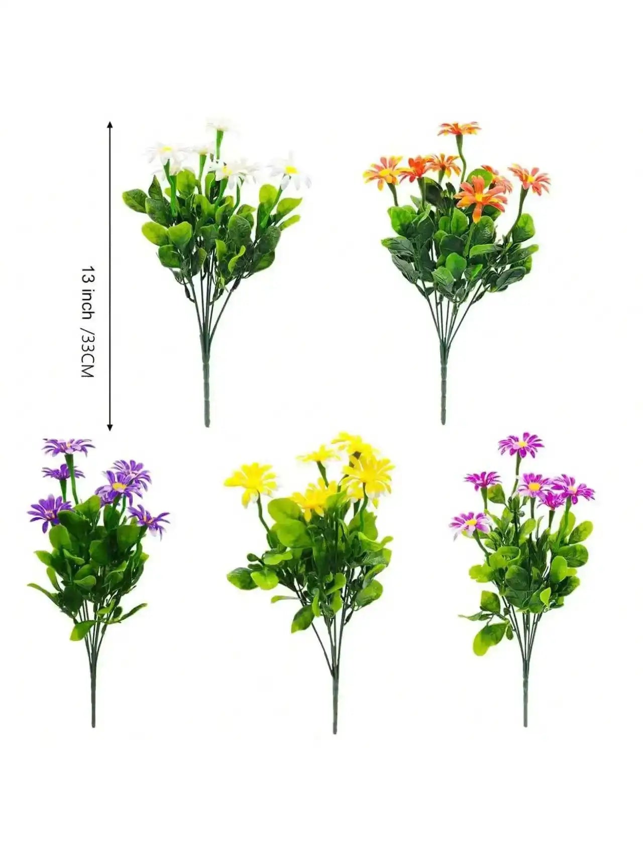 Artificial daisy flower stems; silk bouquets in white, orange, purple, yellow and pink, five 13-inch bundles