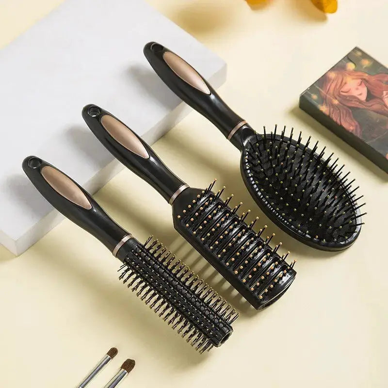 Simples Market 3-piece anti-static hair brush set in black with gold trim; includes round, paddle, and vent brushes.
