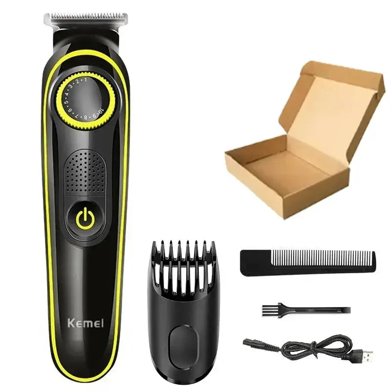 Kemei KM-696 hair clipper; black/yellow design, 5-in-1 trimmer set with guards, nose trimmer, box, brush, USB cable
