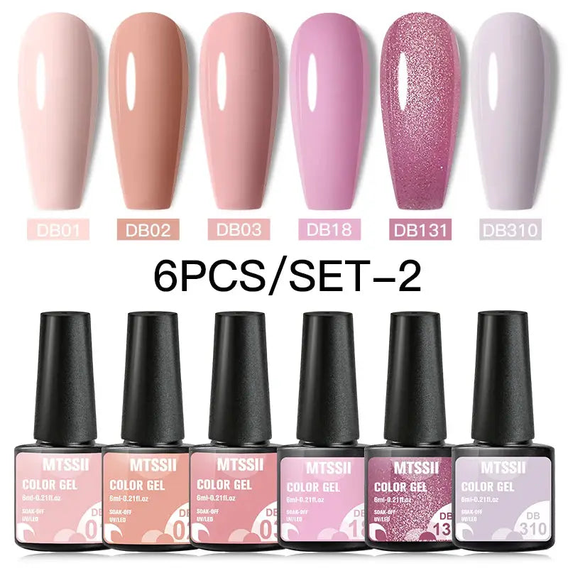 Gel nail polish set, 6-piece by Simples Market in pastel pinks, nude shades and glitter pink