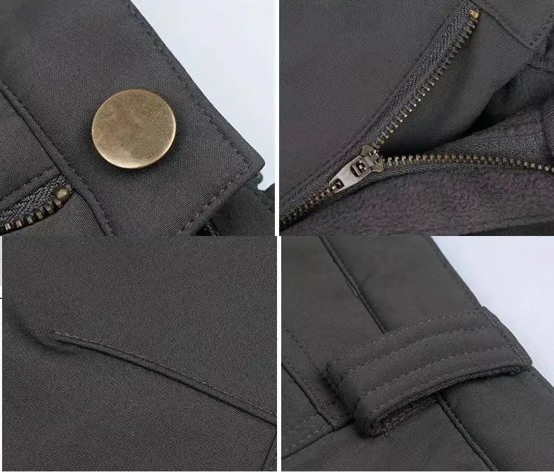 Men's city cargo fleece softshell hiking pants by Simples Market in dark gray with zipper and cargo pockets.