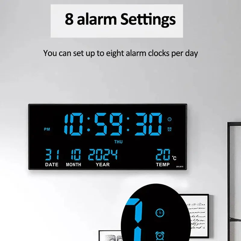 Two digital clocks: 14-inch black rectangular LED wall clock with blue digits; shows time, date, temp, 8 alarms.