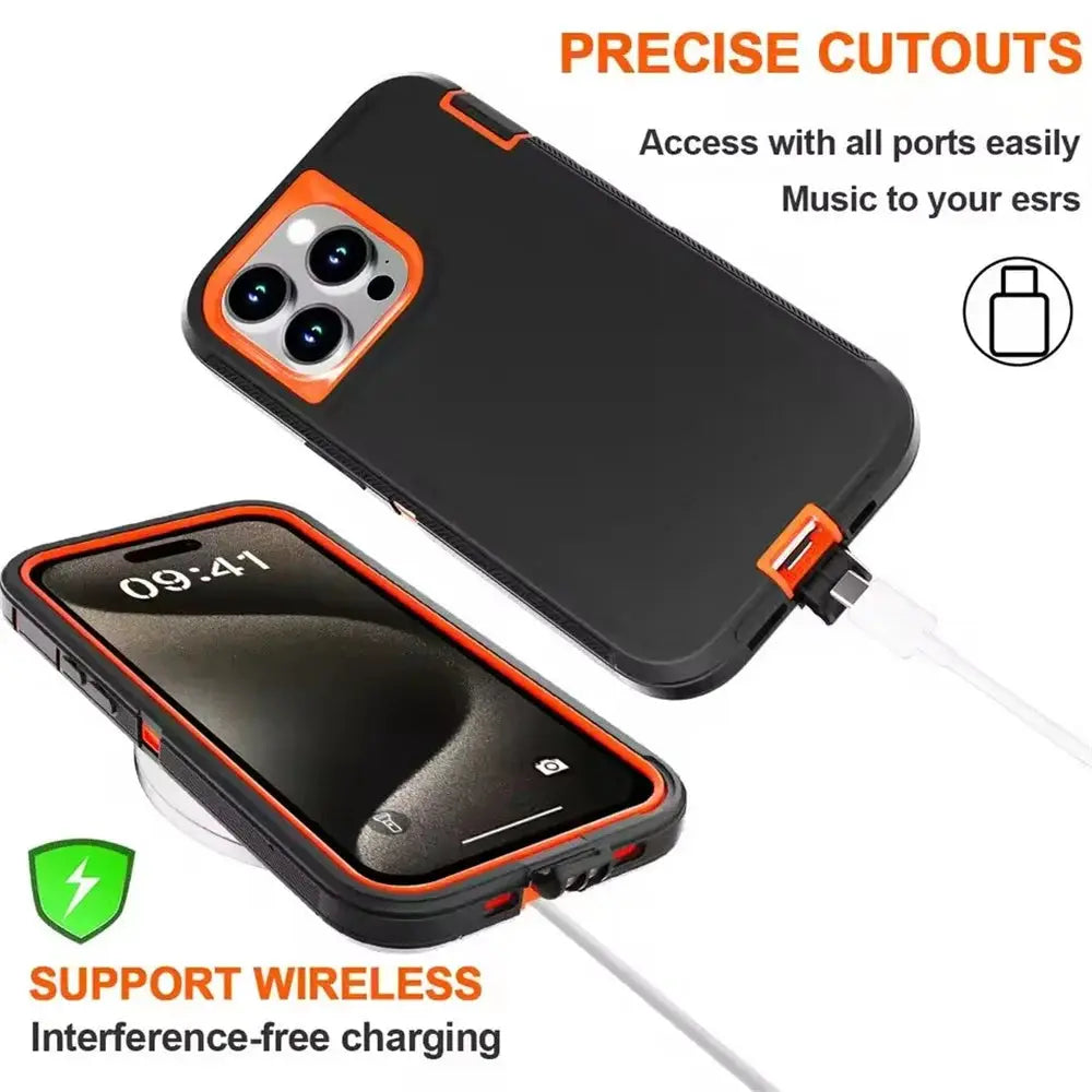Simples Market 3-in-1 Defend heavy-duty shockproof hybrid armor case for iPhone 11–17, black with orange trim
