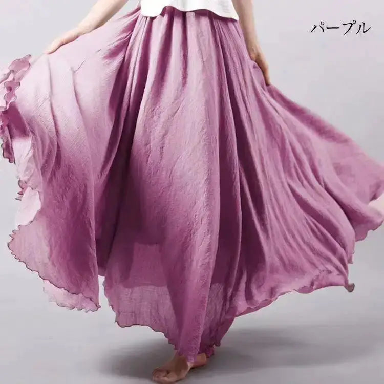 Mori Girl cotton-linen long purple skirt with elastic waist, flowy A-line ethnic style, Simples Market