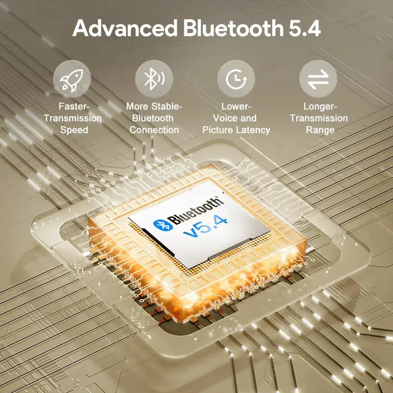 QCY H3 ANC wireless headphones, Bluetooth 5.4 chip graphic with gold-toned circuitry and advanced transmission icons