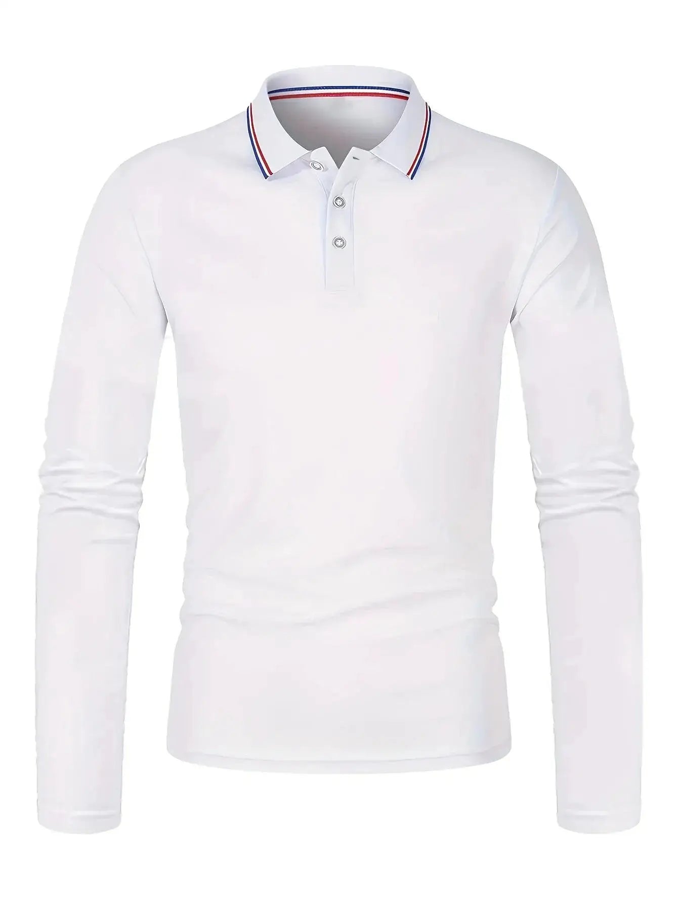 White long-sleeve polo shirt with red-blue striped collar and 3-button placket