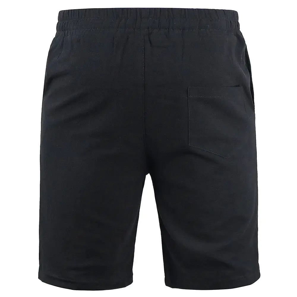 KB New men's cotton linen shorts, solid black with elastic waistband