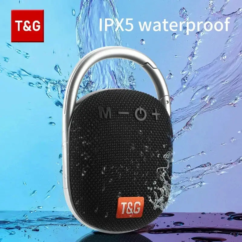 TG321 outdoor Bluetooth speaker by Simples Market; black fabric body, silver handle, T&G logo, IPX5 waterproof