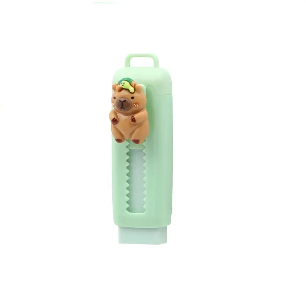 Capybara retractable eraser with mint-green plastic body and tiny capybara figure on top