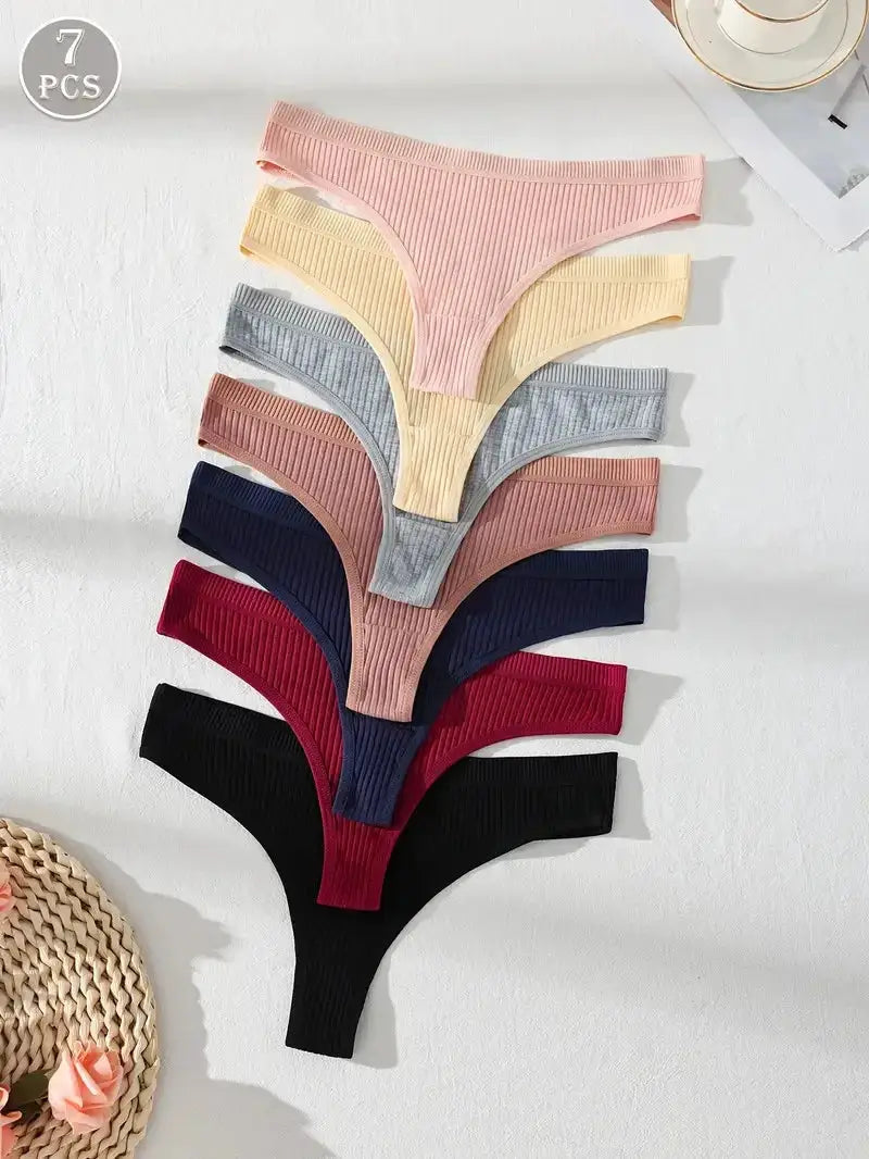 7Pcs women's cotton ribbed striped thong underwear in assorted colors