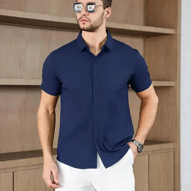 Men's navy solid short-sleeve business casual shirt by Simples Market
