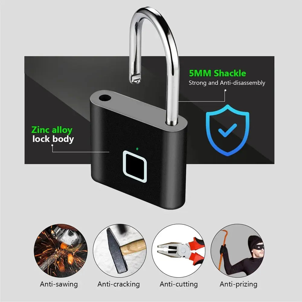 KERUI fingerprint smart padlock with zinc alloy body and 5mm shackle; anti-sawing/anti-cracking

